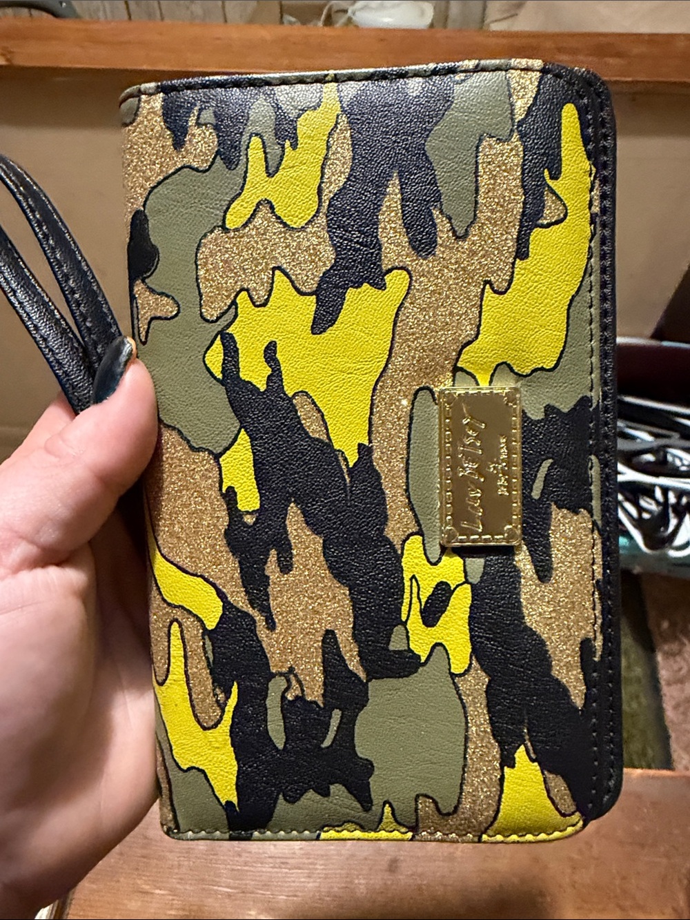 Betsey Johnson Yellow Black Olive Camo Wristlet Wallet